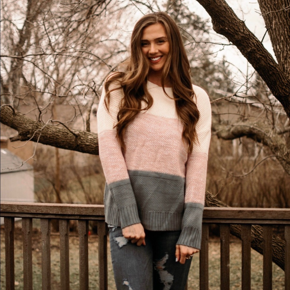 Color Block Knit Sweater Pink White Gray